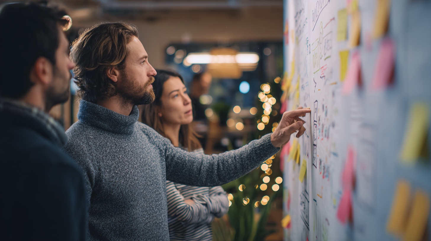 Tester looking at a wall of sticky notes and diagrams, planning future quality improvements