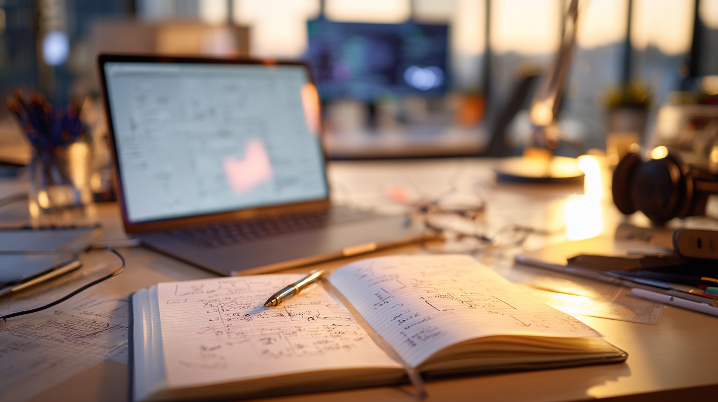 Close-up of tester’s notebook and laptop with exploratory testing notes and diagrams